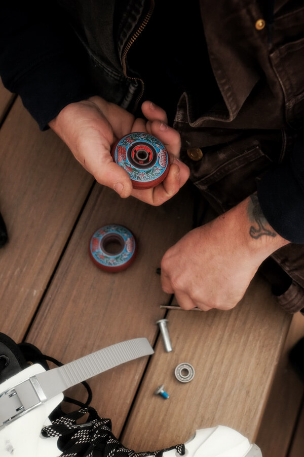Matty Schrock putting his Dream Wheels on his skates